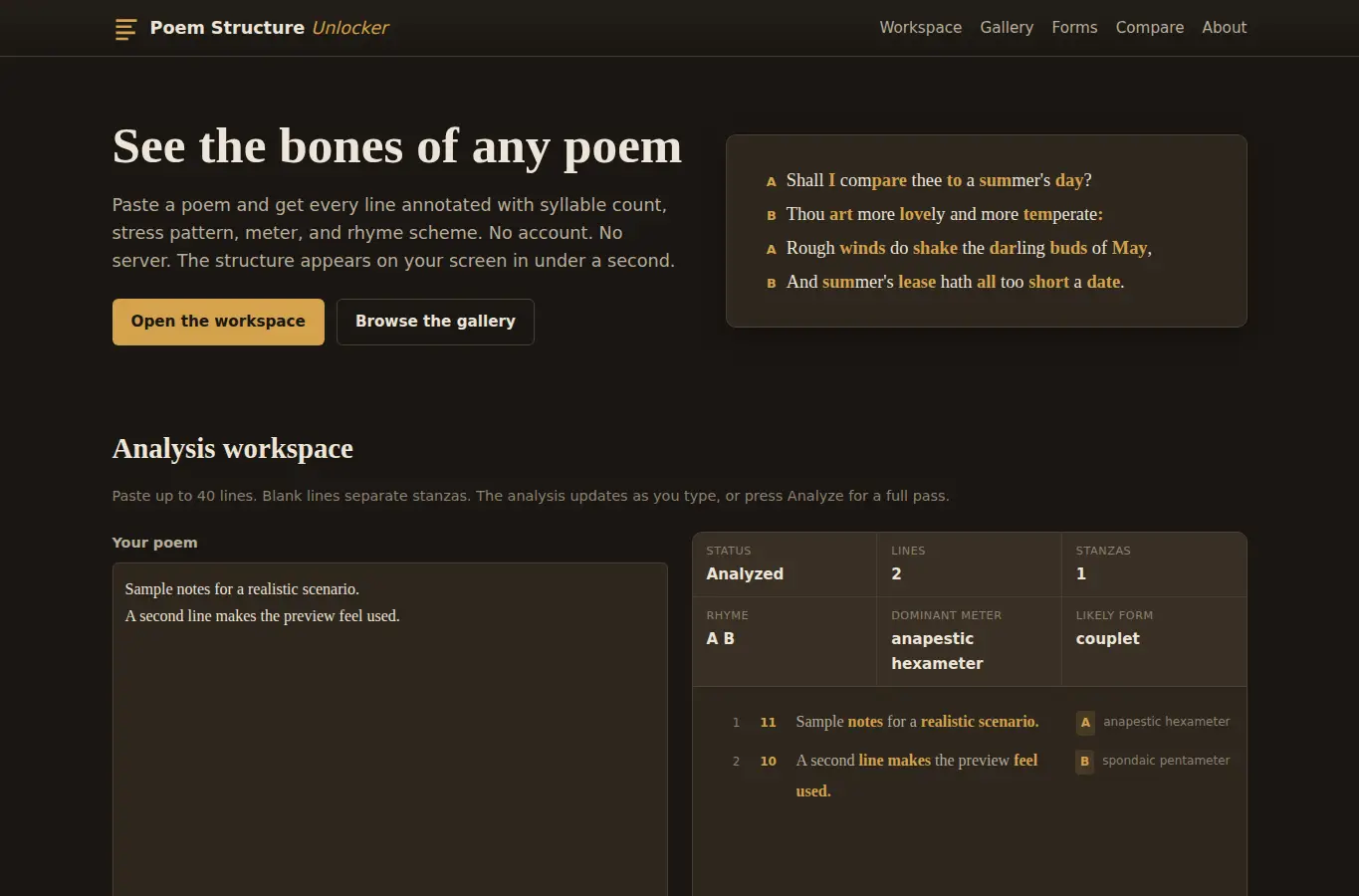 Screenshot of Poem Structure Unlocker interface showing the project page in use